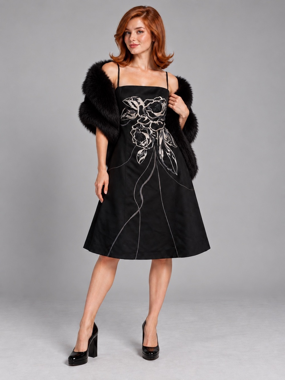 White House Black Market Black Midi Dress with Silver Floral Applique & Beadwork